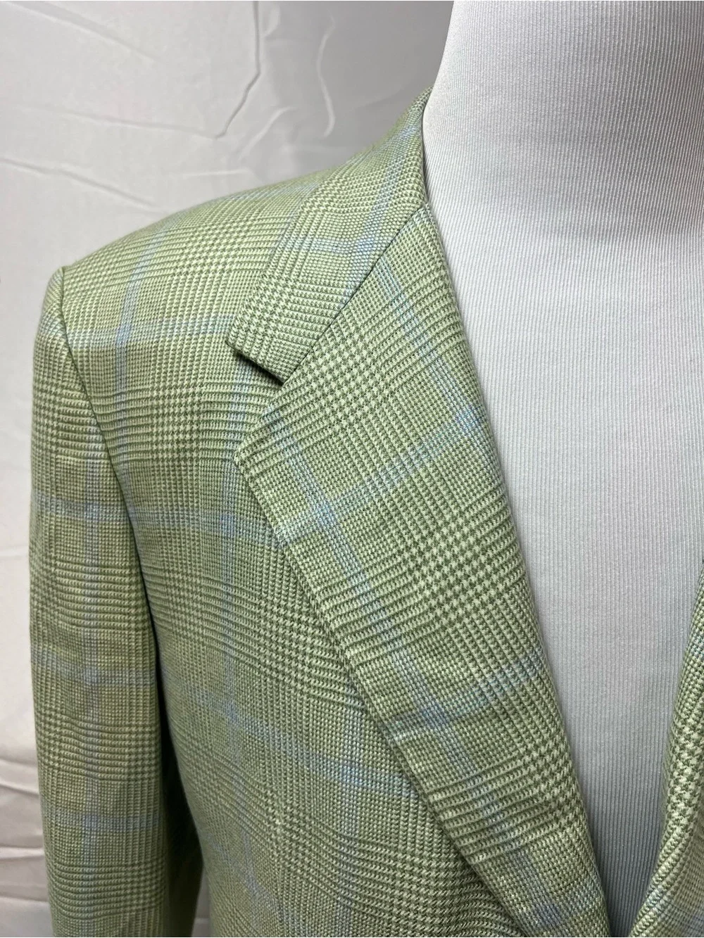 Bespoke Custom Men's 42L Mint Green Blue Windowpane Glen Plaid Blazer Jacket